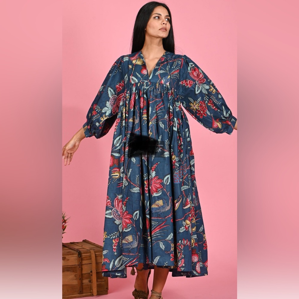 New Hand Blocked Printed Cotton Imported from India Boho Dress Large